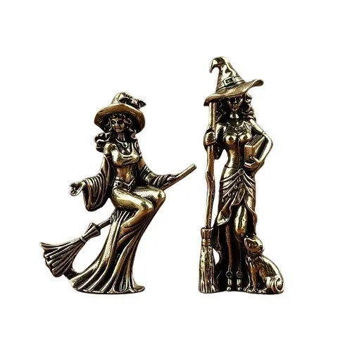 Sculpture, Set of 2 Vintage-Style Witch Figurines – Elegant Bronze-Effect Fantasy Sculptures - 5.8 cm - Metal