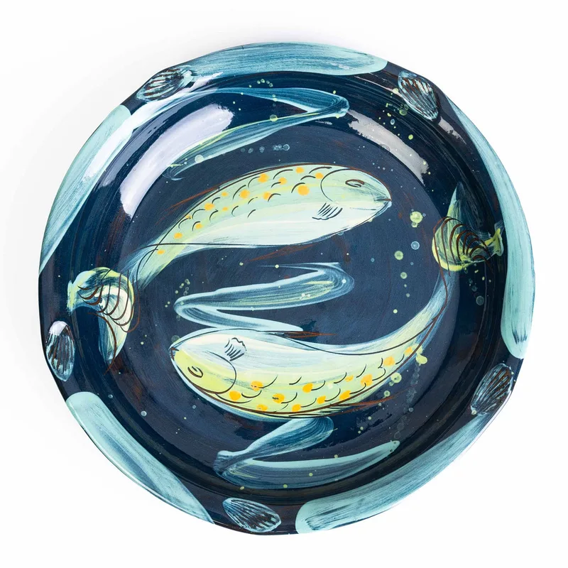 Penny Simpson (Born 1949). Fish Bowl, Hand Painted Slipware Studio Pottery Bowl