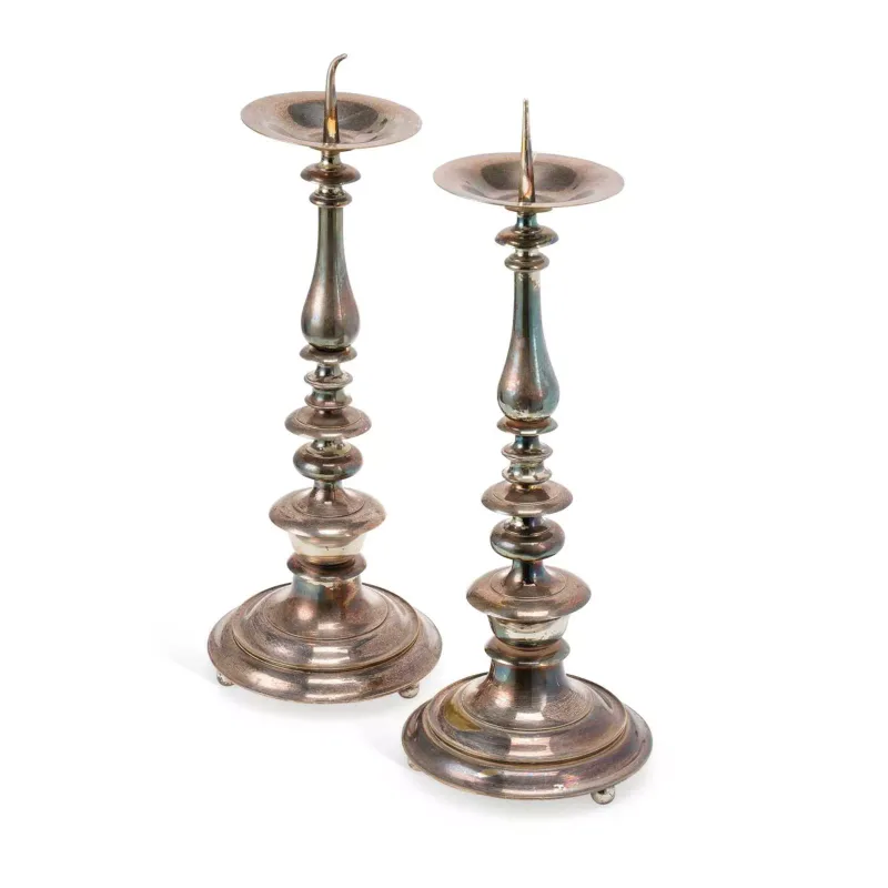A Pair Of Large 20th Century Silver-Plated Picket Sticks each with a central pricket spike rising from a shallow saucer