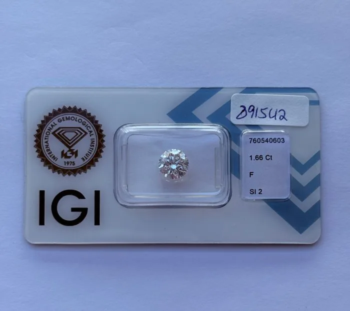 1 pcs Diamond (Natural) - 1.66 ct - Round - F - SI2 - International Gemological Institute (IGI) - Ex Ex Ex None