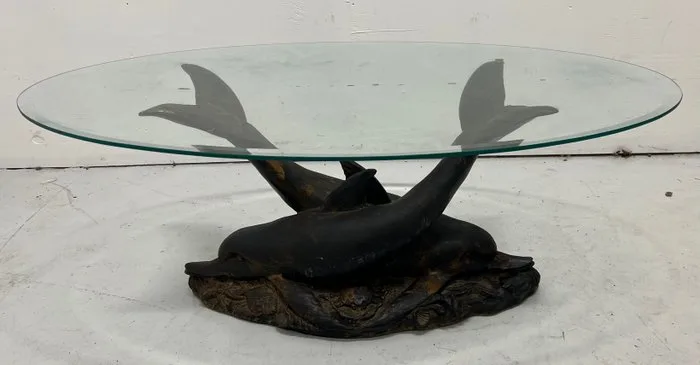 Coffee table - Glass - Two dolphins carrying a cut glass plate