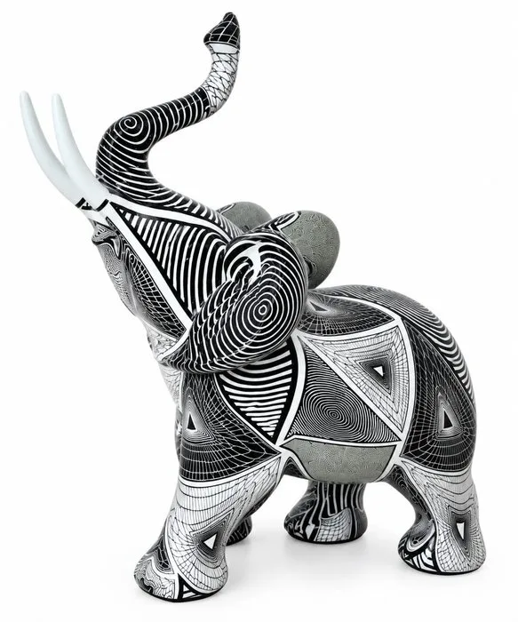 Sculpture, Modern Geometric Elephant Figurine in Black and White - 17.7 cm - Resin