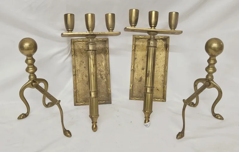 Pair of Vintage Brass Wall Sconces/candlestick holders, & pair brass fire dogs, sconces approx.