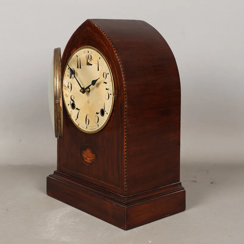 An Edwardian Mahogany Inlaid Mantel Clock by L. Gilbert Clock Co