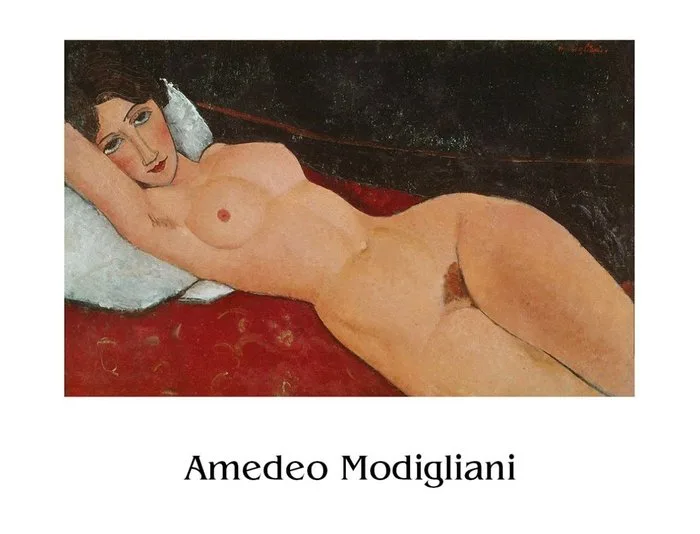 Amadeo Modigliani - "Lying female nude on a white pillow, 1916”. Gesigneerd in de plaat