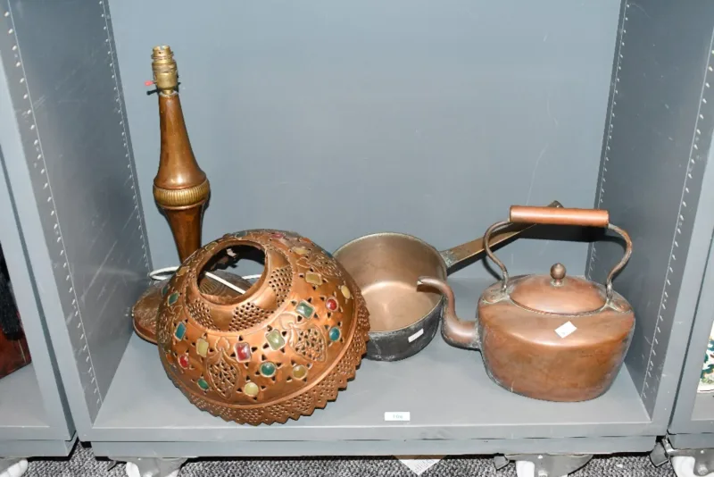 A selection of 19th and 20th-century metal ware, to feature a Middle Eastern-style copper table lamp base and shade