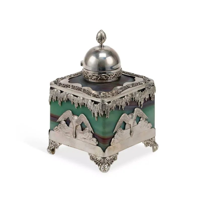 A Large French Art Nouveau Silver And Glass Inkwell by Amit & Lopisgish, late 19th/ early 20th Century