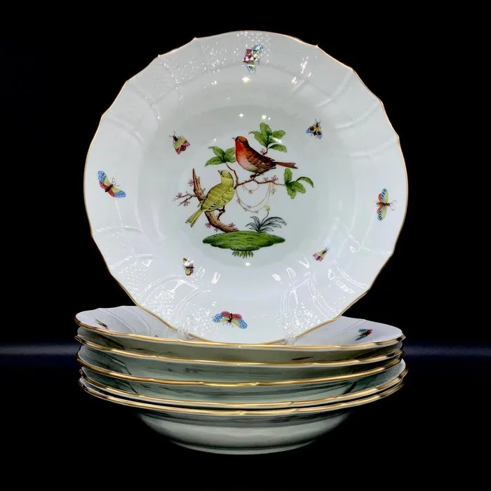 Herend - Exquisite Set of 6 Soup Plates (24,5 cm) - "Rothschild Bird" Pattern - Plate - Hand Painted Porcelain