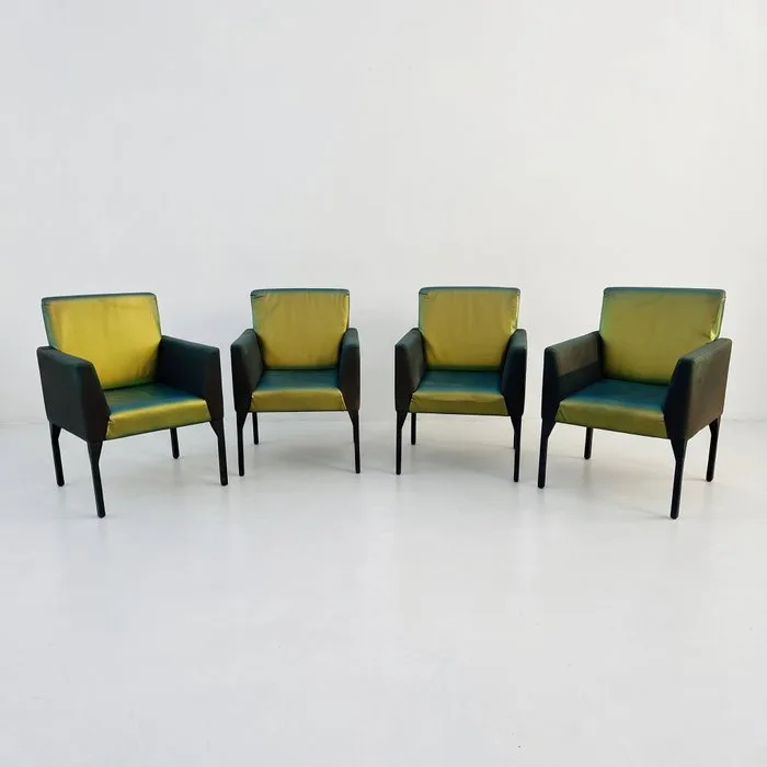 Art & Form - Imelda Brugiaffredo, Gian Carlo Tranzatto - Armchair (4) - Quadra - Gold tapestry and brown-green wool fabrics - 4 Vintage Armchairs