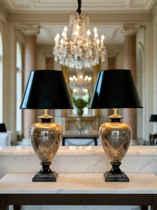 Table lamp (2) - Pair of Luxury Hollywood Regency Table Lamps – Marbled Ceramic, Brass, & Black/Gold Shades - Ceramic