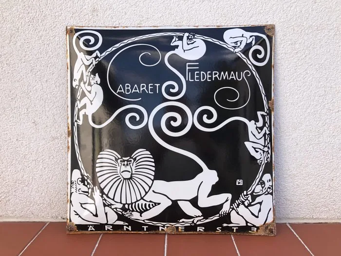 Rare Vintage Cabaret Fledermaus - Advertising sign - Art Nouveau Enamel Sign