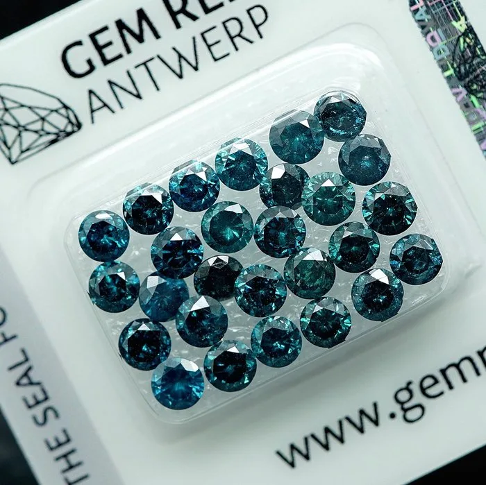 27 pcs Diamond (Colour-treated) - 5.11 ct - Round - Fancy Blue - I2, I3 - Gem Report Antwerp (GRA)