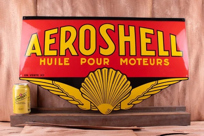 Sign - Aeroshell; HUILE POUR MOTEURS; wonderful object!; true enamel; en vente ici