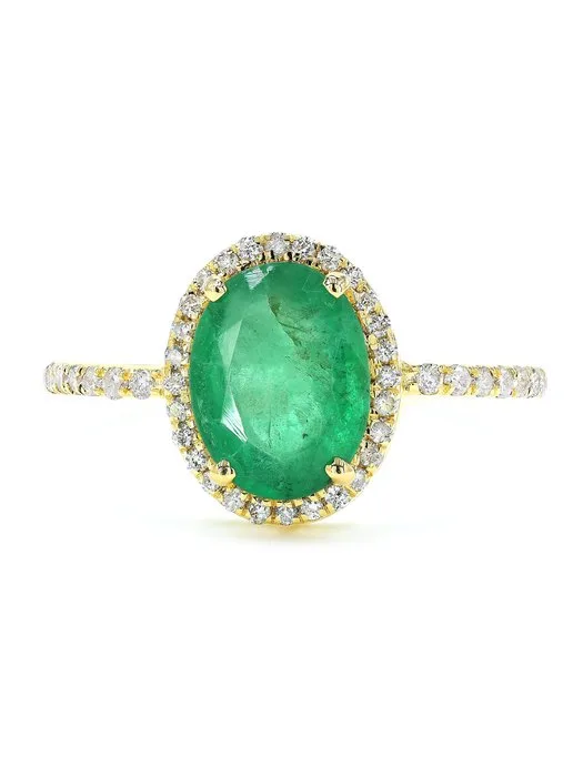 Statement ring - 14 kt. Yellow gold - 1.71ct. tw. Emerald - Diamond - Natural Emerald Ring