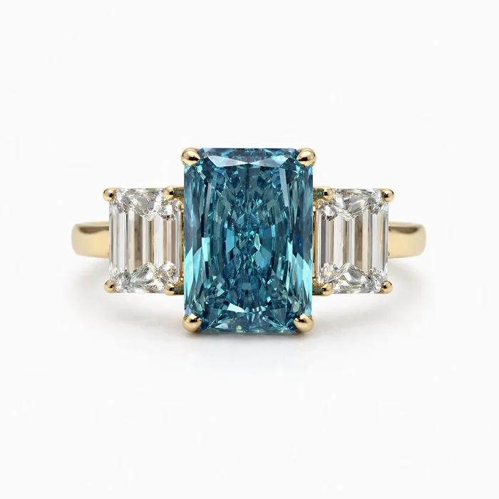 Ring - 14 kt. Yellow gold - 8.06ct. tw. Blue Diamond (Fancy coloured lab-grown diamond) - Diamond