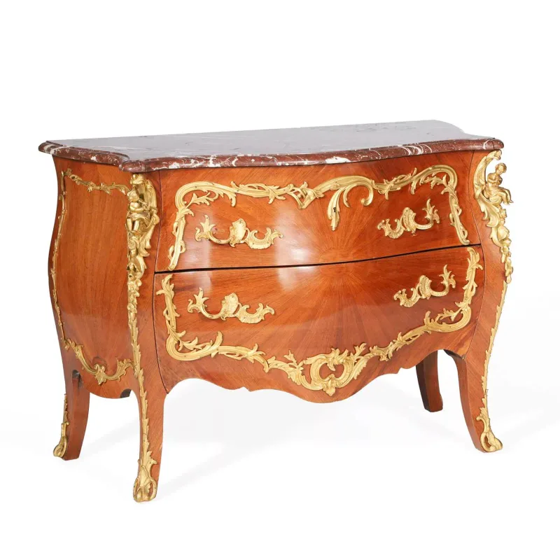 A French Louis XV Style Kingwood Gilt Bronze Mounted Rouge Languedoc Marble Topped Commode 19th Century