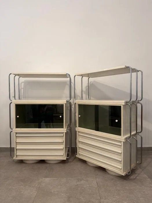 Bookcase - Wood, Steel, Glass - Pair of modular, two-sided bookcases from the mid-1970s