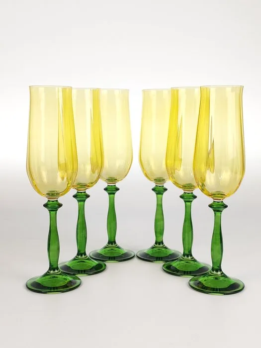 Secoloventesimo - Champagne flute (6) - The Yellow Flowers - Enamel, Crystal - Bohemian Crystal