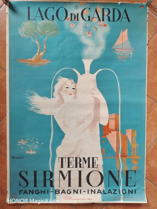 Giuseppe Riccobaldi del Bava - SAIGA - Lago di Garda - Terme Sirmione poster originale 1949 - 1940s