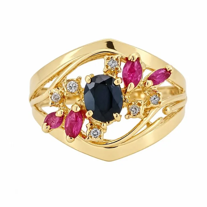 Ring - 18 kt. Yellow gold - 0.84ct. tw. Ruby - Sapphire - Made in Italy - Handmade