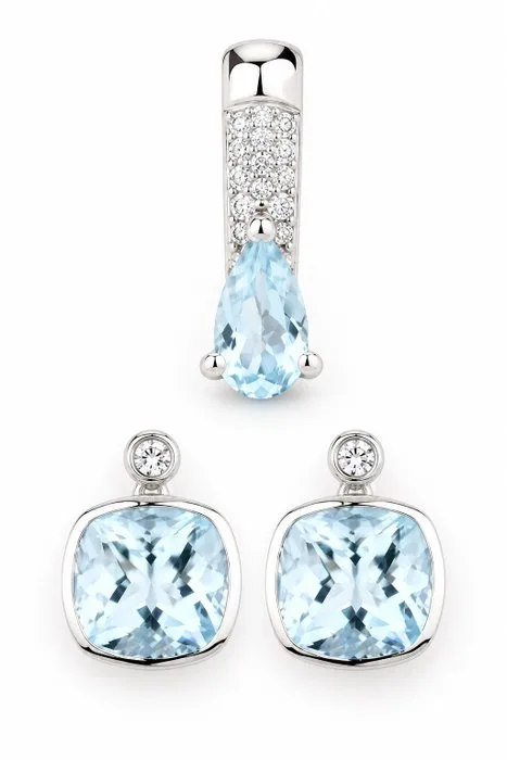 2 piece jewellery set - 14 kt. White gold - 2.09ct. tw. Aquamarine - Diamond - Certified Gold Jewelry