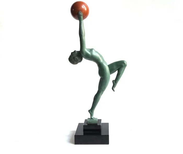 Max Le Verrier - Sculpture, 'Jeu' - 38 cm - Patinated metal, marble and galalite - 1930