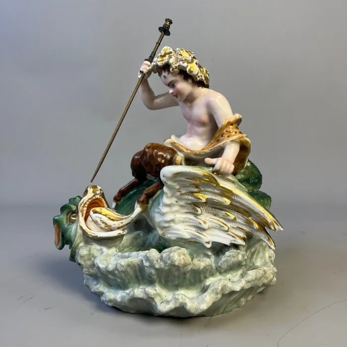 Decorative ornament - Large polychrome porcelain sculptural group 'Young Satyr Battles Sea Dragon', Thuringia (Germany), - Germany