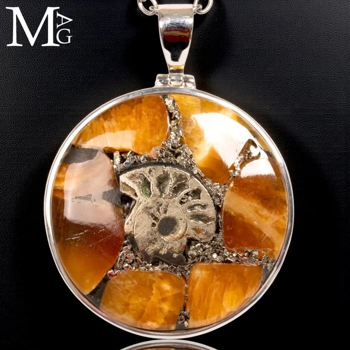 Pyritized Ammonite Fossil Pendant - Silver 925 Certified Italian Jewel - Height: 57 mm - Width: 42 mm- 25 g - (1)
