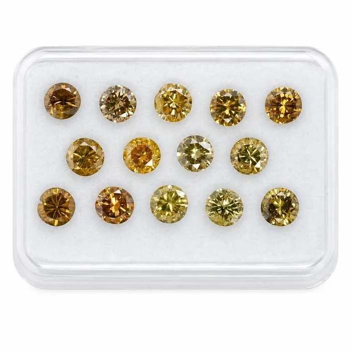 14 pcs Diamond (Colour-treated) - 1.05 ct - Round - Fancy, Fancy deep Greenish, Orangy, Brownish, Yellowish Mixed colours, Yellow, Brown - I1, I2 - Antwerp Laboratory for Gemstone Testing (ALGT)