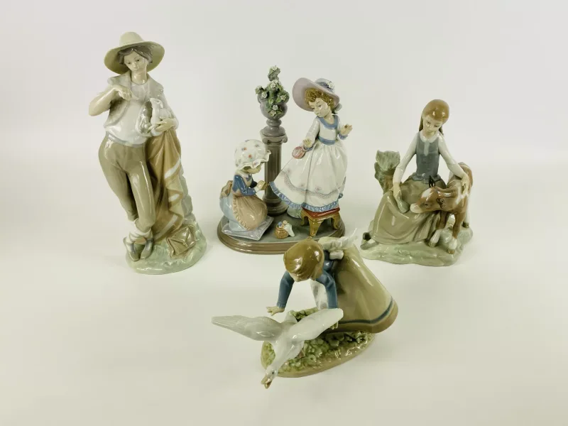 Four items to include a Lladro porcelain figurine 'A Stitch in Time', model No.5344 (19cms wide x 13.5cms high)