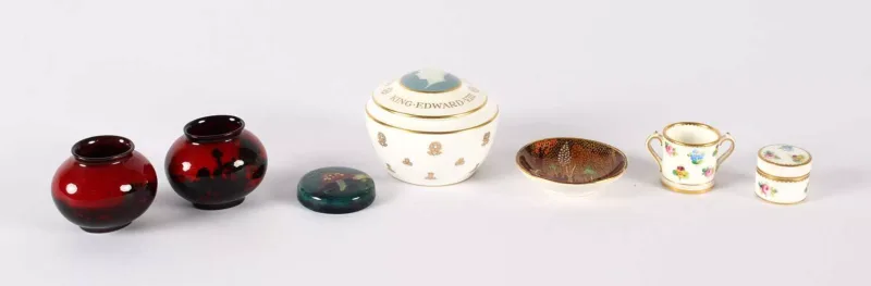 A Collection of Small Ceramics A Collection of Small Ceramics , comprising a Moorcroft "Claremont" pattern inkwell cover (small chip to interior)