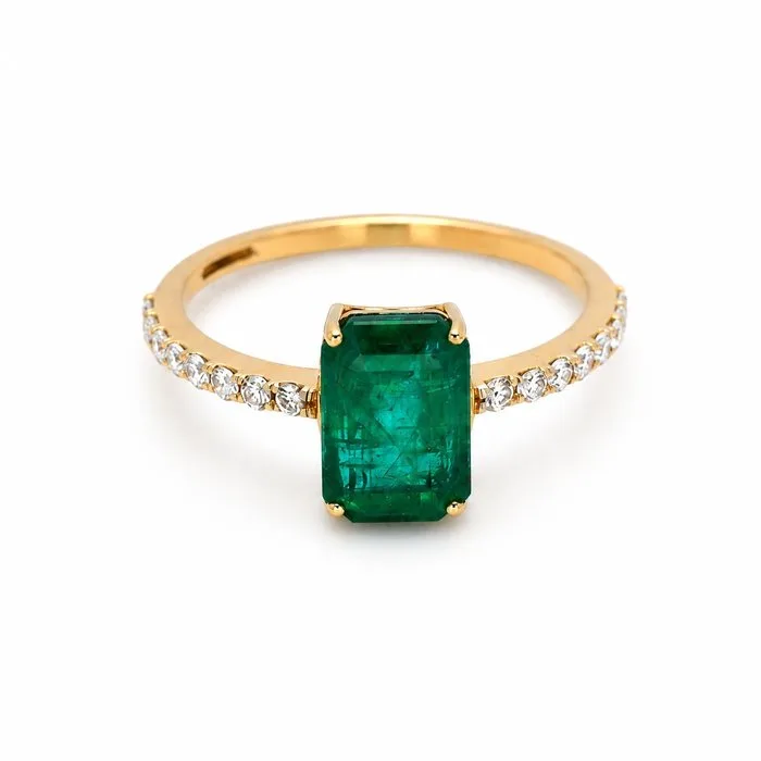 Ring - 14 kt. Yellow gold - 3.17ct. tw. Emerald - Diamond - Natural Emerald, E-F, VS