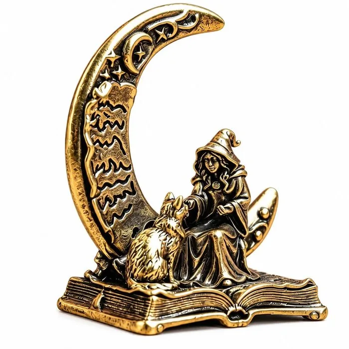 The Moon Witch and her Familiar - Figurine - Witch on Moon with Cat - Brass