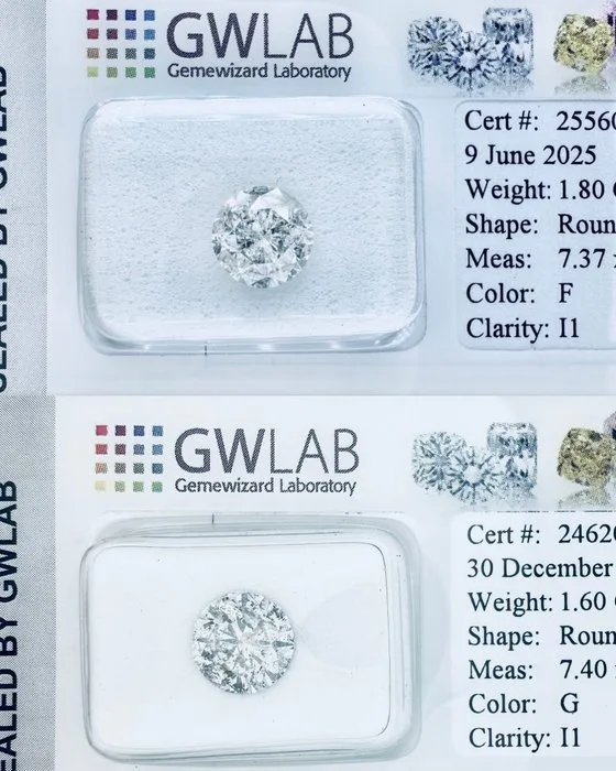 2 pcs Diamond (Natural) - 3.40 ct - Round - G, F - I1 - Gemewizard Gemological Laboratory (GWLab) - NATURAL