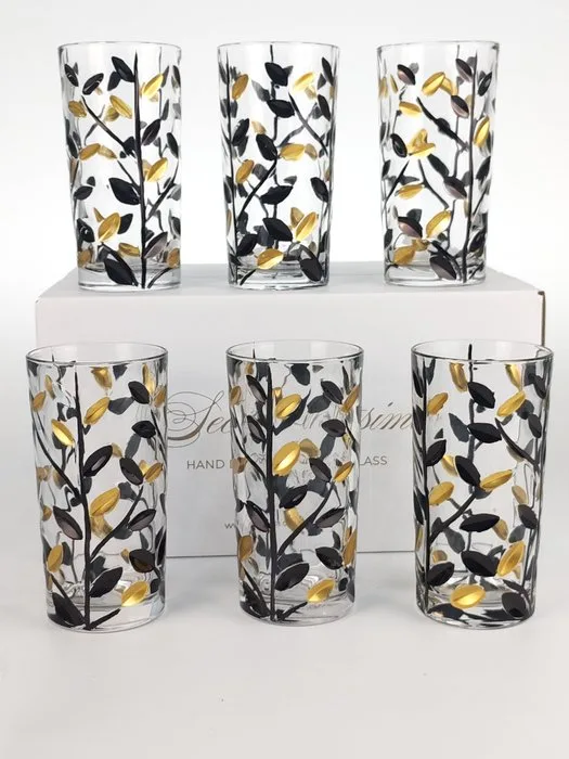 Secoloventesimo - Drinking service (6) - Leaves black golden glass - Enamel, Crystal - Golden leaves