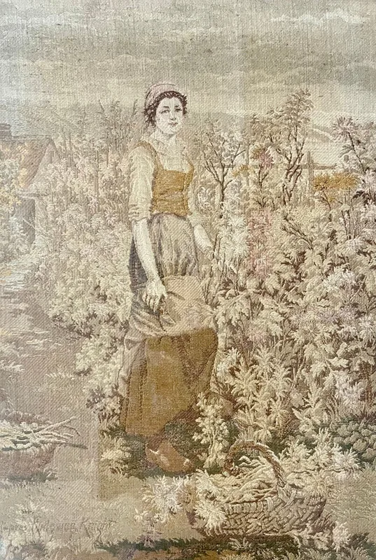 After Daniel Ridgway Knight (American, 1839-1924), Picking flowers, Embroidery,