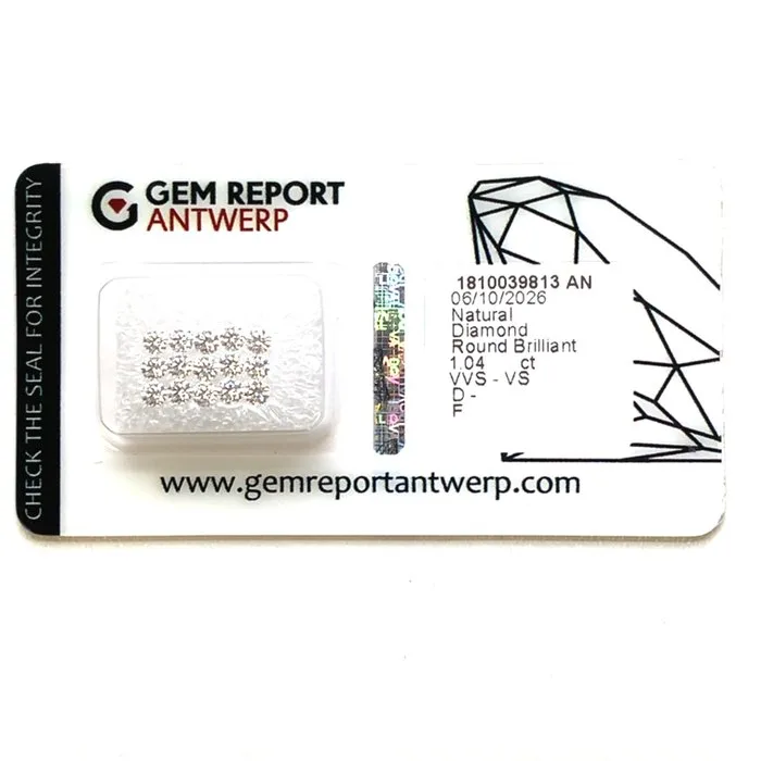 15 pcs Diamond (Natural) - 1.04 ct - Round - D (colourless), E, F - VVS1, VS2 - Gem Report Antwerp (GRA)