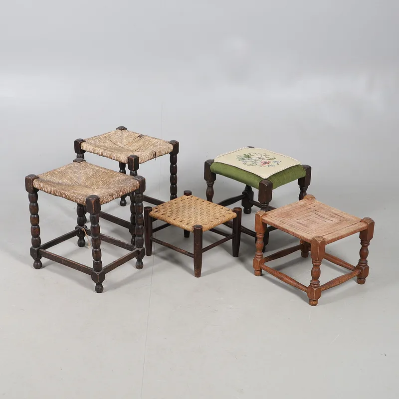 Five Assorted Rattan and Upholstered Stools