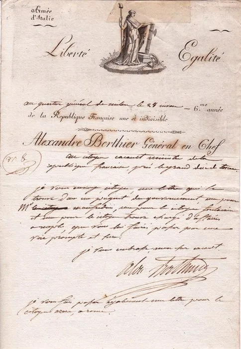 [République Romaine - Bonaparte] Alexandre Berthier - General en Chef de l'Armée d'Italie - Lettre autographe signée au citoyen Cacault - 1798