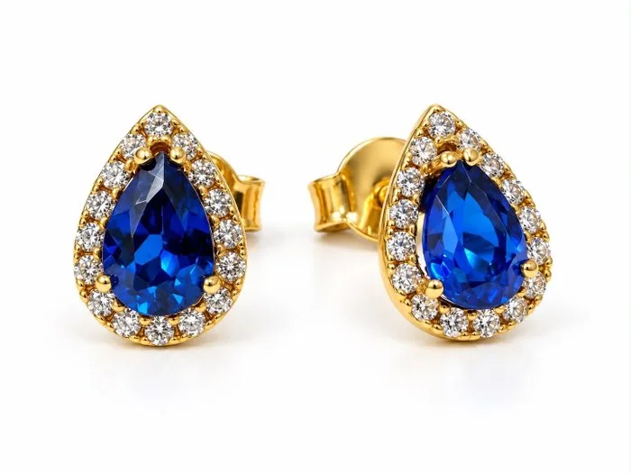Earrings - 18 kt. Yellow gold - 1.60ct. tw. Sapphire - Diamond - Made in Italy