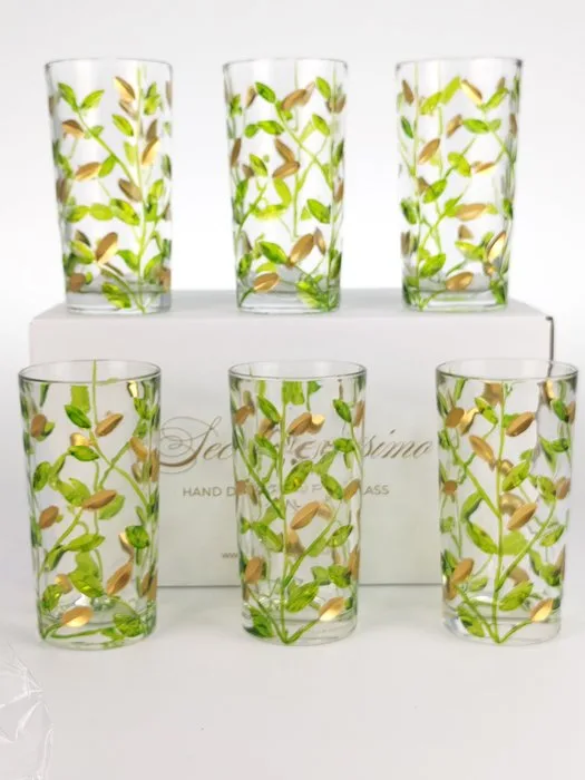 Secoloventesimo - Drinking service (6) - Leaves green golden glass - Enamel, Crystal - Golden leaves