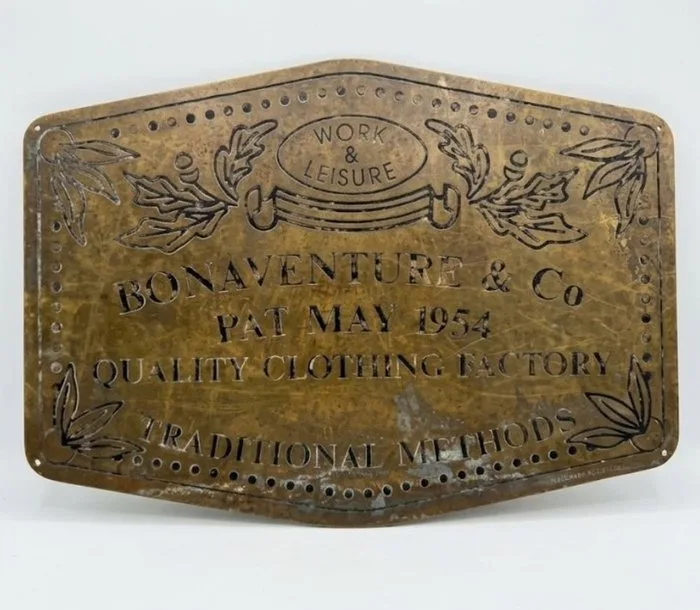 Enamel sign - giant brass commemorative plaque BONAVENTURE JEANS
