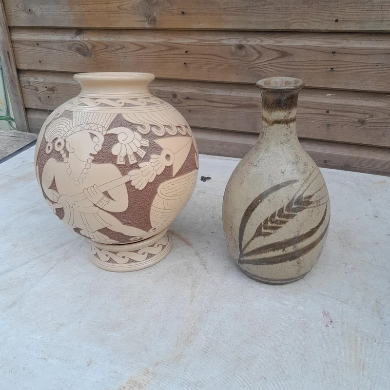 Studio pottery : Stogursey Pottery figure of a girl, Paula Gutierrez vase on separate stand and one other