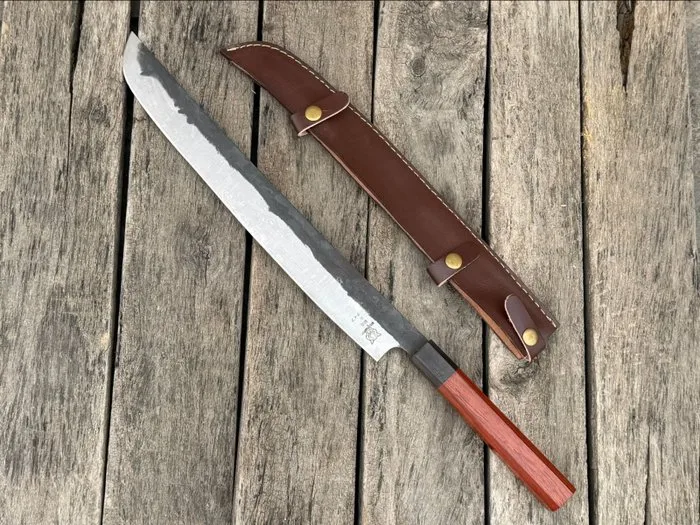 Kitchen knife - Handmade Sushi Chef Knife, Special Japanse Steel, Natural Red Wood Handle - North America - Leather Sheaths (SH2)