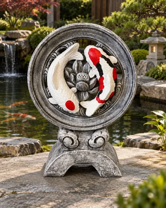 Toby (XX) - Outdoor sculpture, Handgemaakt betonnen tuinbeeld “Koi Circle” – Vorstbestendig – Oosterse Zen decoratie - 53 cm - Concrete