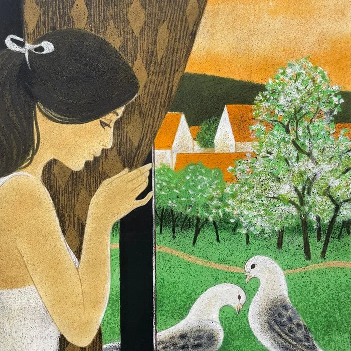 Yves Ganne (1931-2019) - Portrait Jeune femme à la fenêtre et colombes
