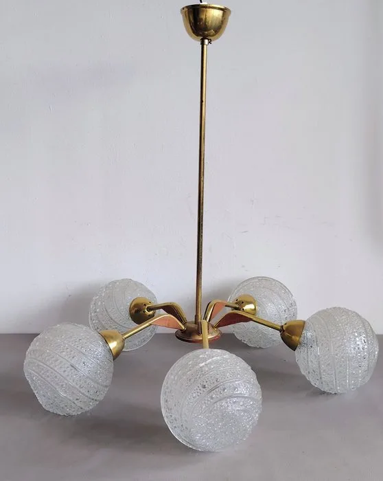 Mid-Century space age Sputnik Chandelier - Ceiling lamp - brass, solid teak