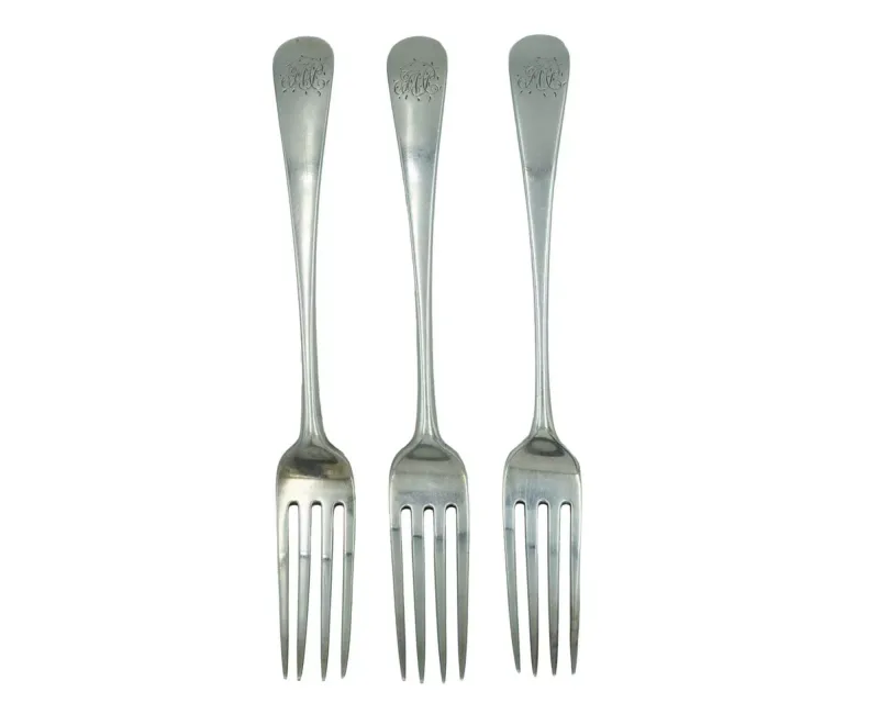 A set of three George III silver Old English pattern table forks by Peter