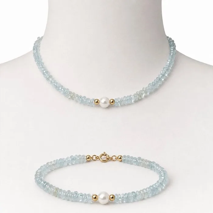 Necklace - 18 kt. Yellow gold Aquamarine - Pearl