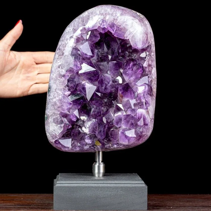 Exceptional Quality Deep Violet Amethyst Geode from Brazil - Wood and Steel Artistic Base - Height: 310 mm - Width: 160 mm- 6852 g - (1)
